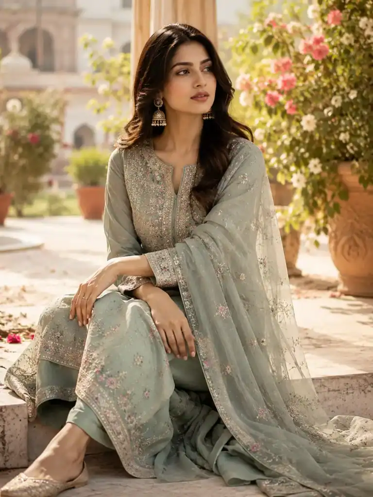 Woman wearing elegant pastel embroidered ethnic suit in floral courtyard