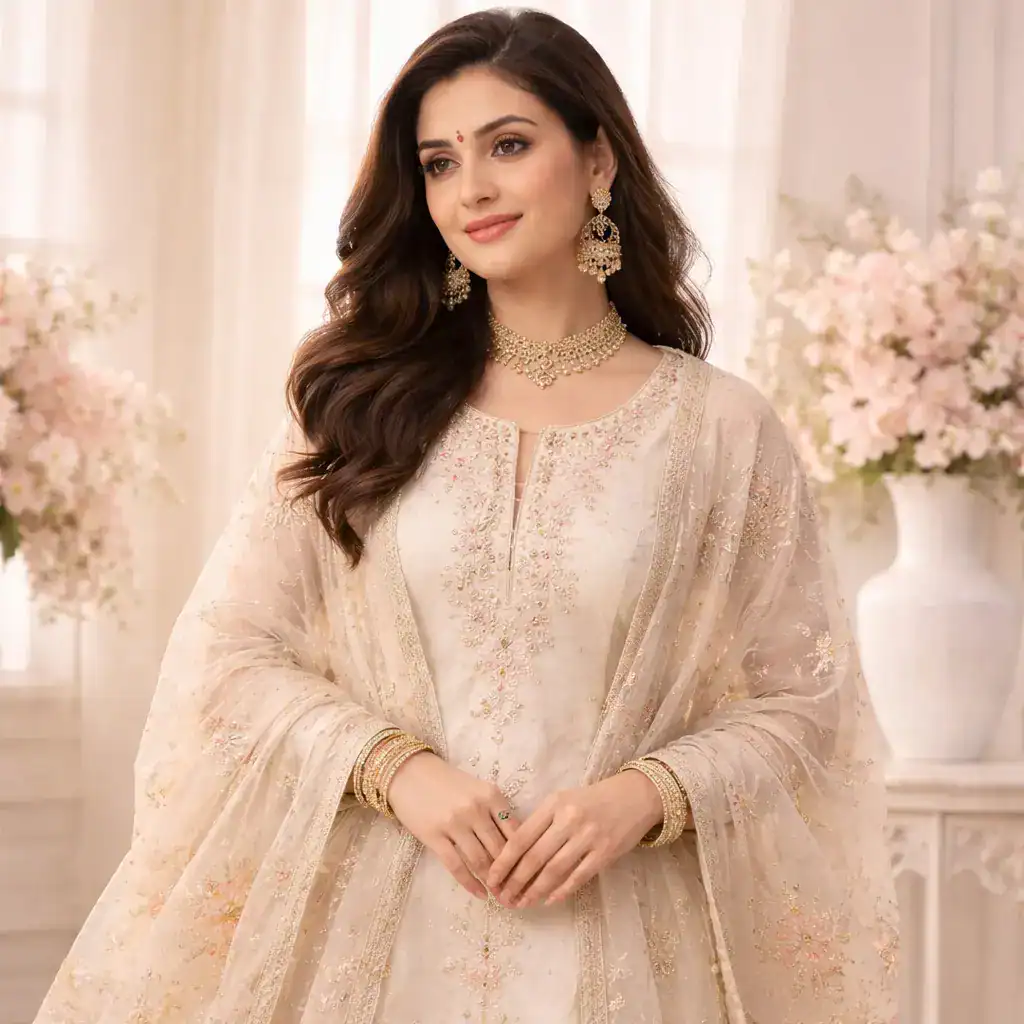 Woman wearing an elegant cream thread work unstitched suit with embroidered dupatta and traditional jewellery
