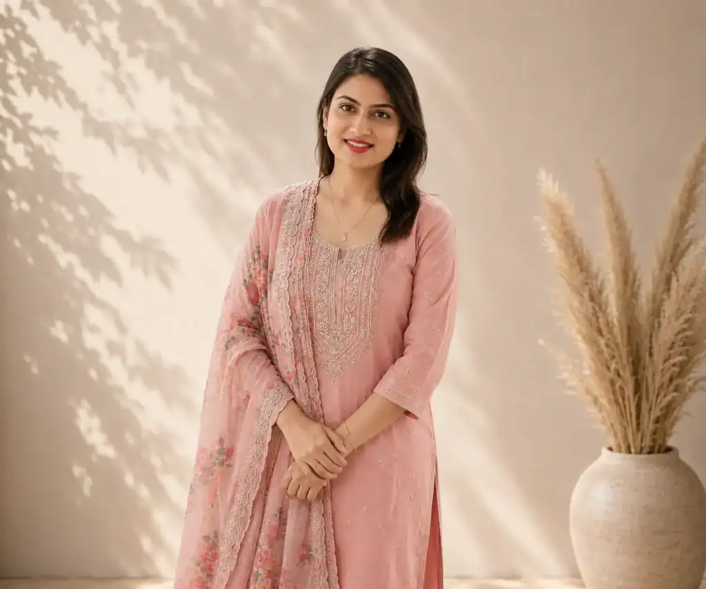 Woman wearing a soft pink Jamdani unstitched suit with delicate embroidery and floral dupatta