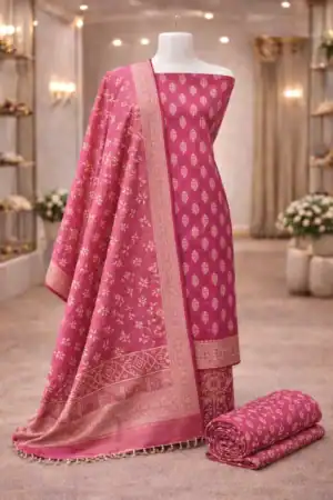 Elegant pink Jamdani unstitched suit set with woven dupatta