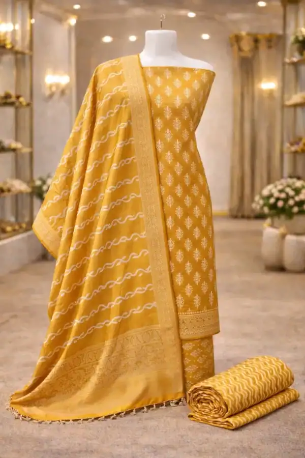 Mustard yellow ethnic unstitched suit with traditional woven motifs