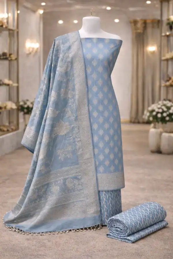 Powder blue Jamdani ethnic suit set with woven floral dupatta