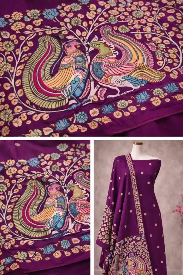 Royal purple peacock Kalamkari print suit set with floral ethnic dupatta