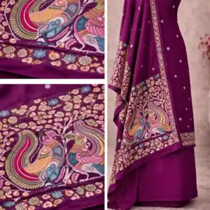 Royal purple designer suit set with peacock print dupatta and floral ethnic motifs