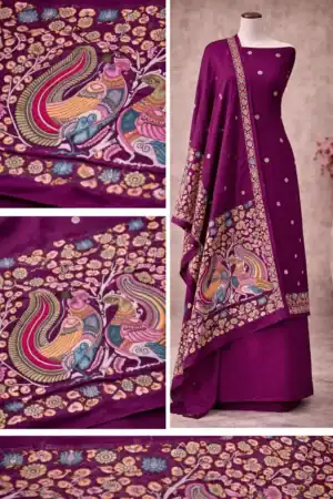 Royal purple designer suit set with peacock print dupatta and floral ethnic motifs