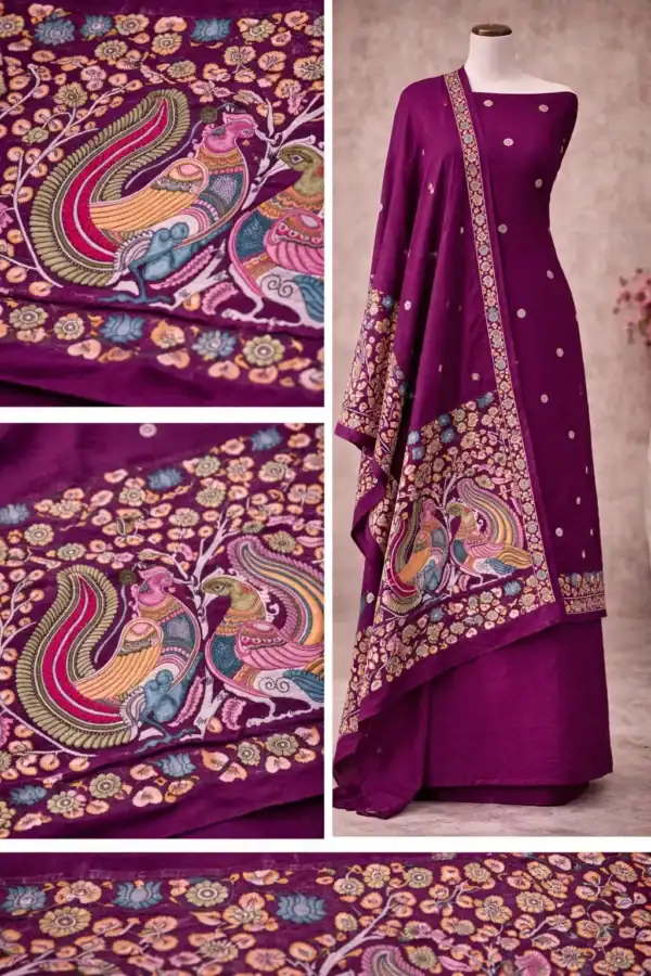 Royal purple designer suit set with peacock print dupatta and floral ethnic motifs