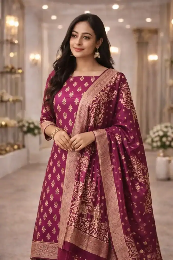 Woman wearing a royal magenta block print unstitched suit with traditional motifs and embroidered dupatta