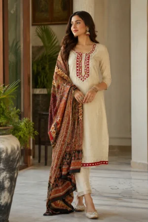 Model wearing premium cream embroidered unstitched cotton suit with multicolor printed dupatta by Pehrava by Garima Dhingra