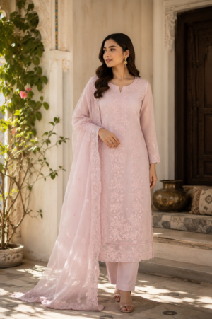 Model wearing premium pink Chikankari embroidered cotton suit with embroidered organza dupatta by Pehrava by Garima Dhingra