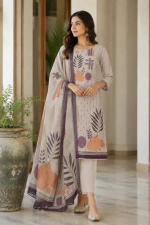Model wearing premium beige abstract printed cotton suit with matching printed dupatta by Pehrava by Garima Dhingra
