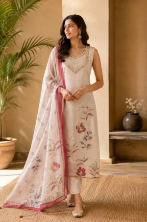 Model wearing premium beige floral printed cotton suit with matching printed dupatta by Pehrava by Garima Dhingra