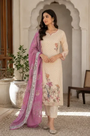 Model wearing premium cream floral printed cotton suit with pink floral printed dupatta by Pehrava by Garima Dhingra
