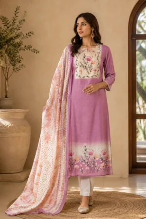 Model wearing premium lavender floral printed cotton suit with matching floral printed dupatta by Pehrava by Garima Dhingra