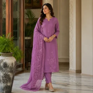 Model wearing premium dusty mauve cut work cotton suit with embroidered dupatta by Pehrava by Garima Dhingra