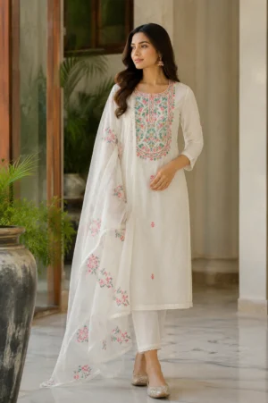 Model wearing off white floral embroidered cotton suit with embroidered dupatta by Pehrava by Garima Dhingra