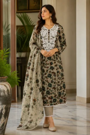 Model wearing premium olive grey floral printed cotton suit with embroidered neckline and floral printed dupatta by Pehrava by Garima Dhingra